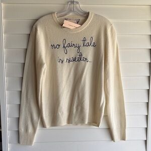 NWT Lingua Franca Cashmere Cream Sweater with Blue Embroidery